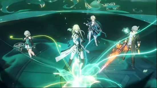 Honkai: Star Rail cast voice actors - a party of four adventurers, with one of them using his sword to drive out the life essence to buff the others.