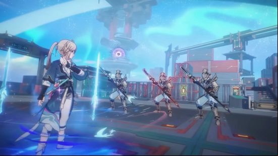 Honkai: Star Rail cast voice actors - Yanqing is squaring off against three enemies armed with spears. She has two floating swords near her.