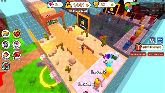 Punch Wall codes: A chaotic, colourful room filled with punch bags and walls ready to be punched.