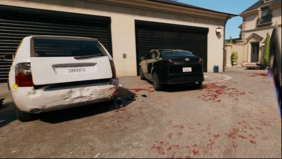 The outside of the garage containing the Dead Island 2 Curtis garage key, partially blocked by two cars.