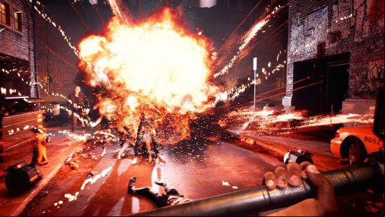 Dead Island 2 review - an image of an explosion taking place in Monarch Studios.