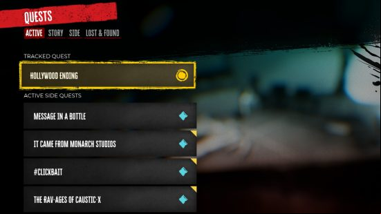 The quests screen in Dead Island 2, showing a list of both main quests and side quests.