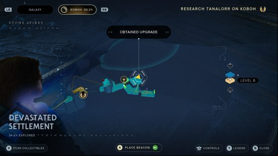 A blue holograpic map of a devastated settlement in Star Wars Jedi Survivor.