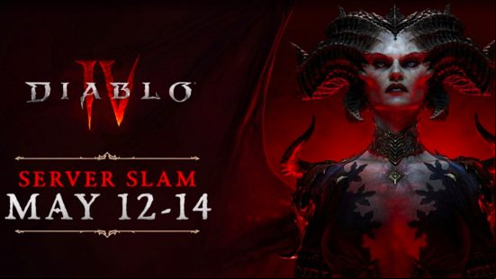 Diablo 4 server slam - image of Lilith next to text dating the May 12-14 server stress test event