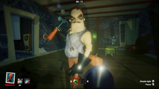 Best ghost games: a bloated-looking man holding a hammer stands in a dark room, lit only by a small flashlight.