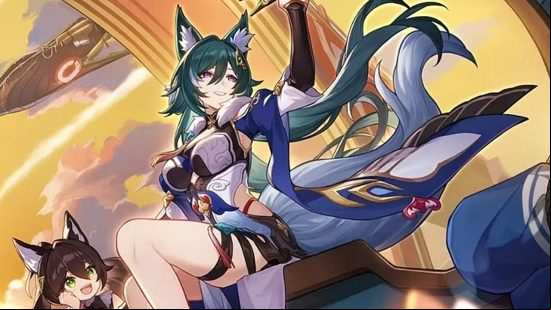 Yukong, one of the Honkai Star Rail characters, smiles as she holds an ornate paper airplane over her head, as a childlike Tingyun gazes up in iration.