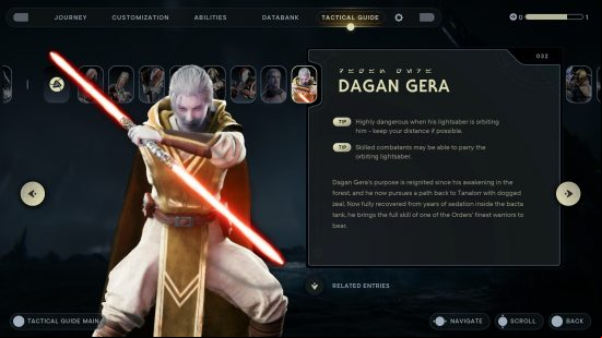 Dagan Gera, one of the Star Wars Jedi Survivor bosses, wears yellow robes and holds a dual-bladed red lightsaber in his only hand.