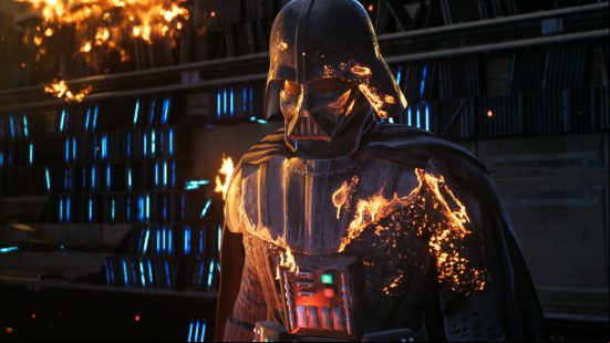 Darth Vader, one of the Star Wars Jedi Survivor bosses, looks menacingly as flames engulf his robes and helmet.