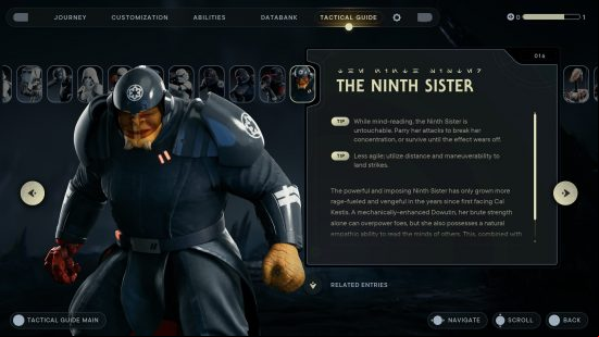 Ninth Sister, one of the Jedi Survivor bosses, in the character journal screen in-game, wearing black armour and a helmet.