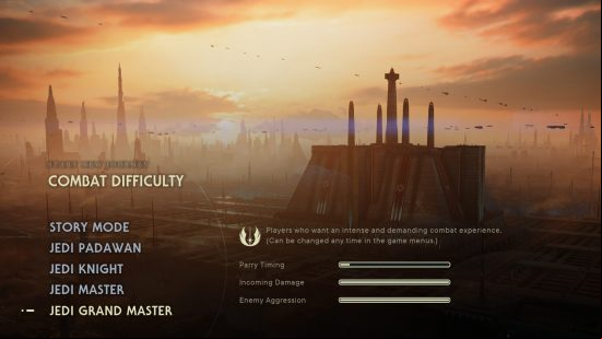 An in-game screen showing Jedi Grand Master mode, the hardest of the Jedi Survivor difficulty modes, with a full bar for enemy aggression and incoming damage, and a low bar for parry timing, on a backdrop of a beautiful landscape.