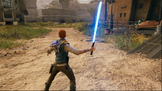 Jedi Survivor lightsaber stances: Cal Kestis holds a single blue lightsaber in the air, ready to swing.