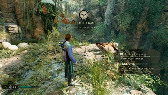A relter, on of the Jedi Survivor mounts, sits on a ledge, and Cal Kestis and BD-1 stand behind it. Text reads: "Relter tame, Cal can now glide with Relters"