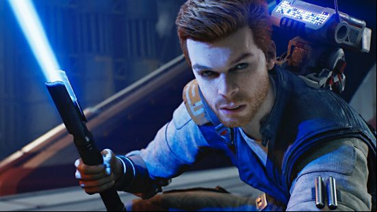 Jedi survivor walkthrough: A jedi with a blue lightsaber, Cal Kestis from Star Wars game Jedi Survivor