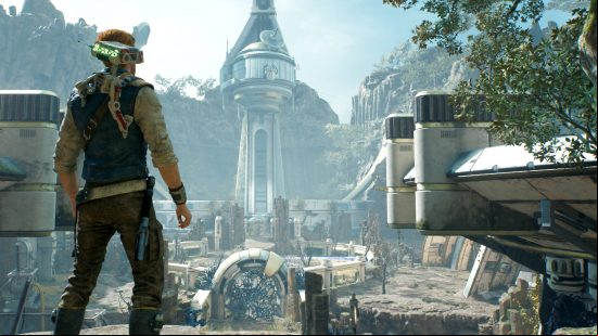 Jedi Survivor Walkthrough: Cal Kestis looks out upon a glorious landscape filled with beautiful buildings.