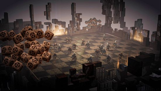 Lost Ark - numerous characters on a giant checkerboard floor, with numerous large dice pouring in from one side