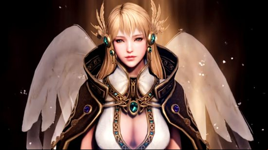 Lost Ark April update - Beatrice, a blonde, angel-winged figure in a white dress and black cloak