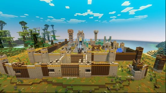 Minecraft Legends multiplayer: An upgraded base, with additional buildings and spawners, secured by a wooden wall.