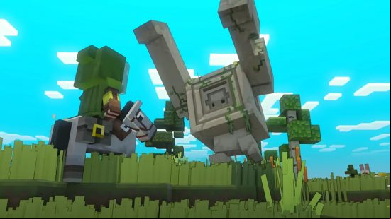 Minecraft Legends multiplayer: A large cobblestone golems stands next to a player on a horse, with its arms in the air.