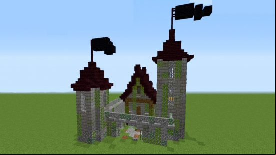 A mini Minecraft castle with flats flowing from two turrets.