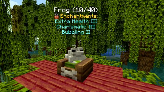A frog sits in a pet bed, and is accompanied by text displaying its enchantments, extra health, charismatic, and bubbling, in the Minecraft mod Domestication Innovation.