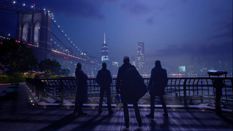 Payday 3 - silhouettes of four figures standing on a dock looking out across a river at a long suspension bridge