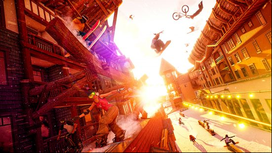 Riders Republic Steam release date - numerous thrillseekers perform a variety of extreme sports across a snowy town