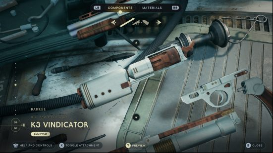 A workbench shows Star Wars Jedi Survivor Blaster parts