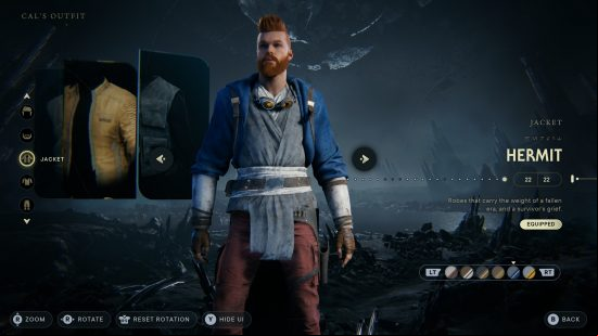 A ginger haired man wears a blue tabard and red pants Cal Kestis cosmetics set