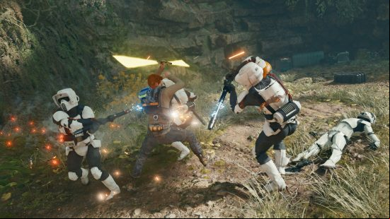 Storm Troopers batter a man as he searches for Cal Kestis cosmetics