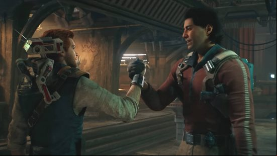 Star Wars Jedi Survivor canon - Cal has a droid on his shoulder as he shakes hands with a man in a red shirt.