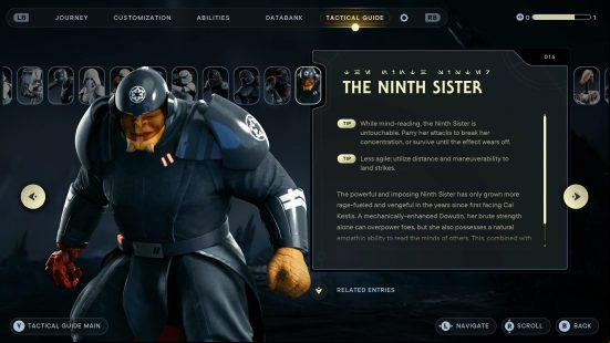 The tactical guide entry for the Ninth Sister, the brutish and reptilian Dowutin dressed in Empire uniform and armour, and the major boss on the Star Wars Jedi Survivor Coruscant city planet.