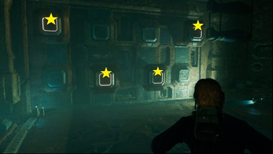 Yellow stars mark the solution to the Star Wars Jedi Survivor Crypt of Uhrma puzzle guide