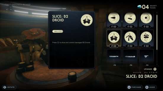 A store layout shows available Star Wars Jedi Survivor hack and slice abilities