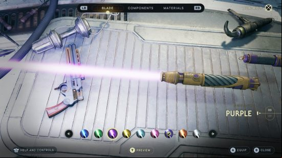 A workbench shows the new Star Wars Jedi Survivor Lightsaber colors