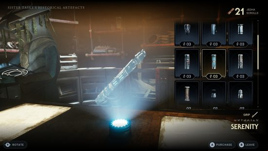 A menu shows the Star Wars Jedi Survivor Lightsaber parts available