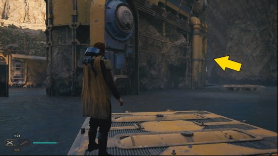 An arrow points to a doorway housing the Star Wars Jedi Survivor mullet