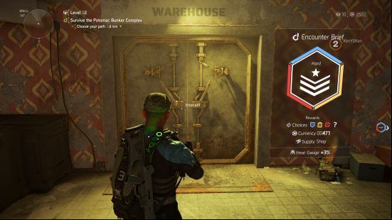 The Division 2 Descent mode - a character looks at the difficulty and reward readout for an  fight