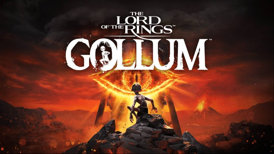 A small goblin creature standing on rocks looking up at a fiery eye in the sky