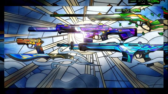 Valorant weapon skins: The stunning Reverie skins set, that resembles stained glass, each weapon in a different colour, on a backdrop of a stained glass window.