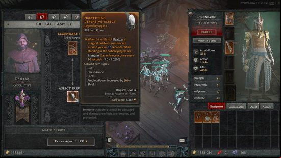 A UI showing how to extract Diablo 4 aspects at the Occultist