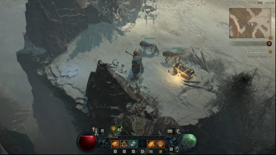 Diablo 4 Whispering Keys Silent chests - a Druid and two wolves standing next to one of the Silent Chests.