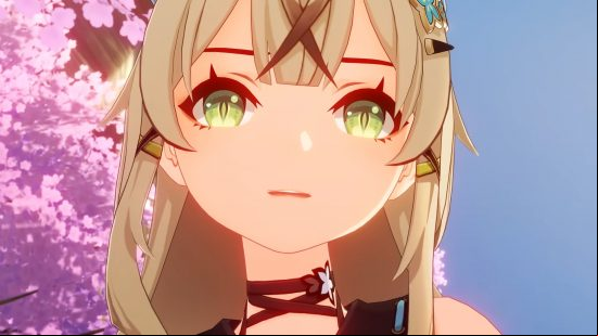 Best cross-platform games: Genshin Impact. Image shows the face of a feminine anime character from the game.