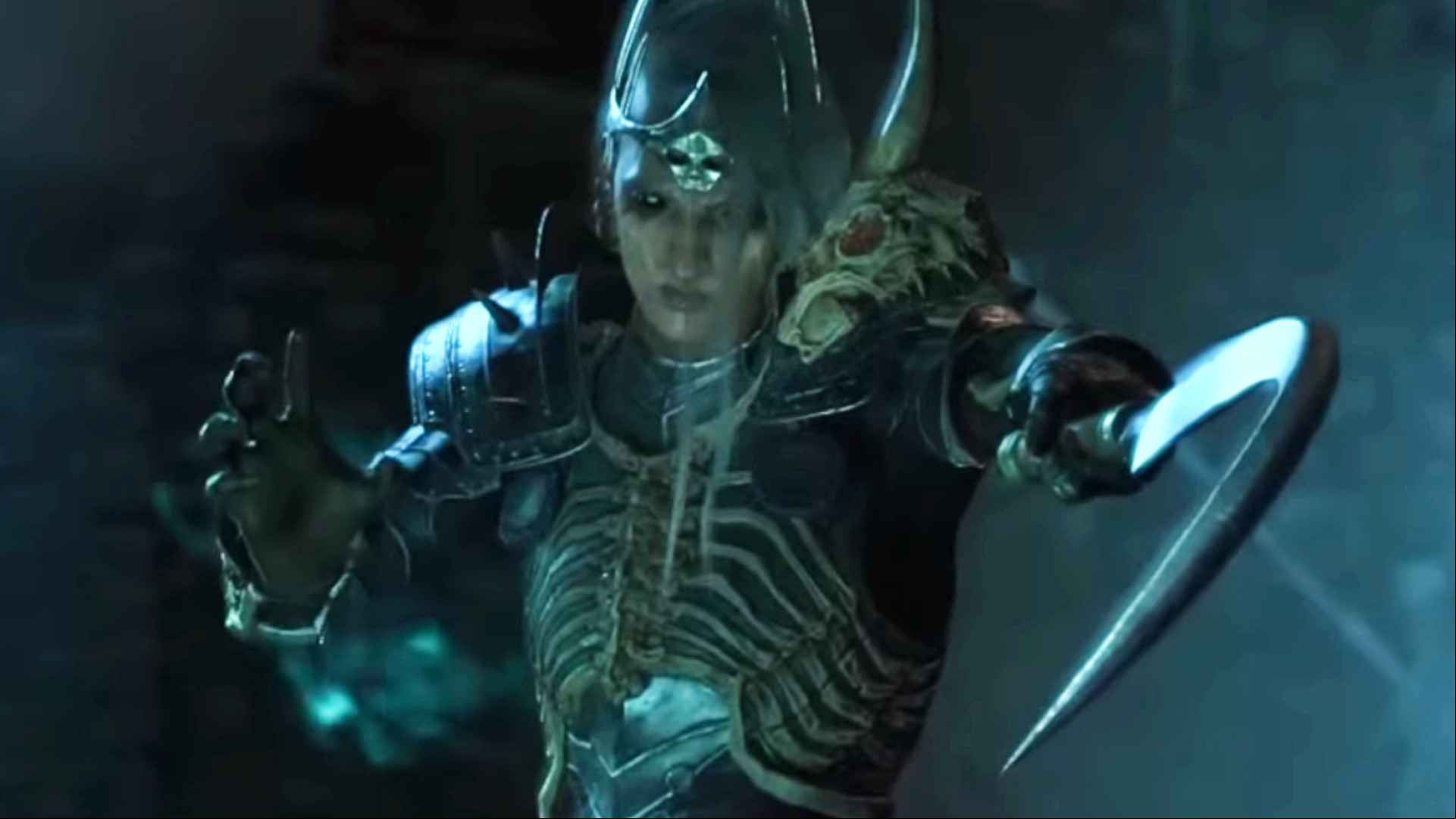 Diablo 4 Ashava - A Necromancer points forward with a curved sickle