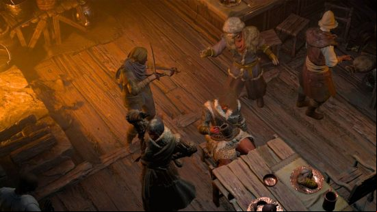 Talk about Diablo 4 Aspects in a dimly lit tavern with several people gathered in the middle