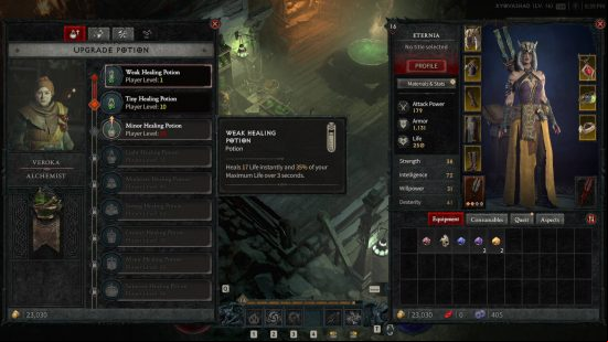 The player is at the alchemist to pay for the Diablo 4 healing potion upgrade.