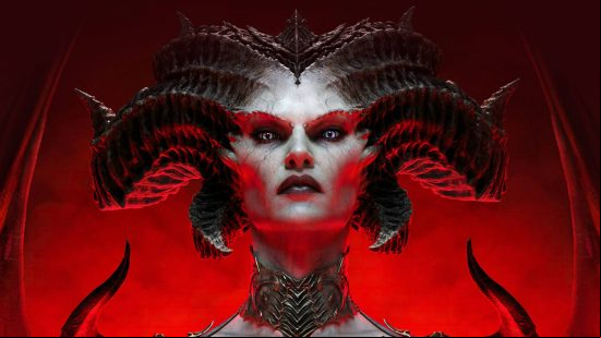 Best cross platform games: Diablo 4 Lilith stands with a red background and her black horns curled