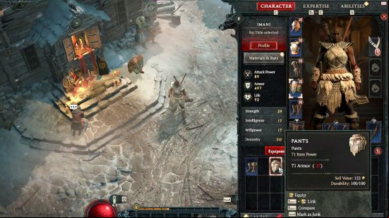 The inventory in Diablo 4, with a Normal item highlighted, the least valuable on the scale of Diablo 4 item rarity.