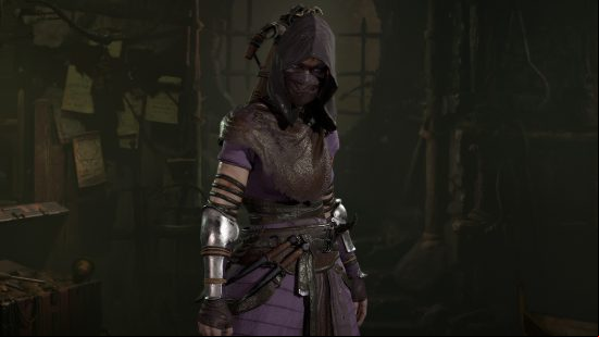A woman wearing a hood that covers her face, as well as a black mask with purple cloth armour and a belt around her waist in a shadowy dungeon room
