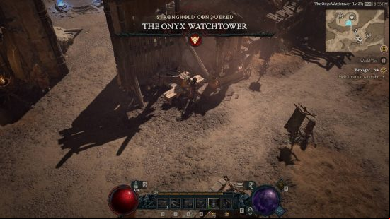 Diablo 4 review: A woman standing in a barren desert area as she receives congratulations for completing the Onyx Watchtower Stronghold