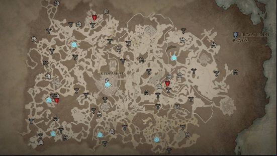 An old brown map detailing the location of enemy strongholds in Diablo 4.